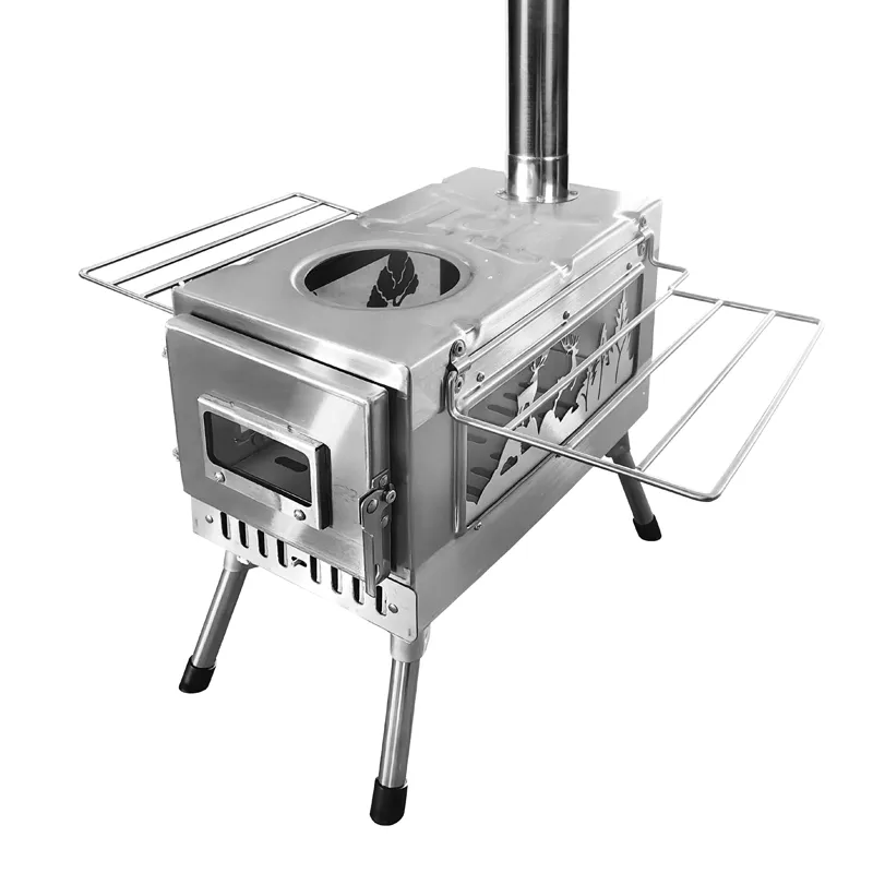 Estufa de camping con parrilla de acero inoxidable y doble ventana